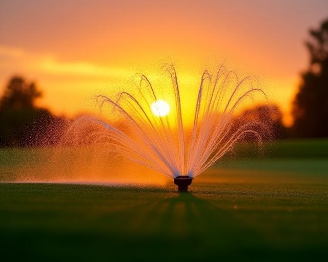 Et effektivt sprinklersystem, der vander en green ved solnedgang og minimerer spild.