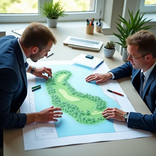 To eksperter fra Brise Banen, en meteorolog og en agronom, diskuterer et topografisk kort over en golfbane.