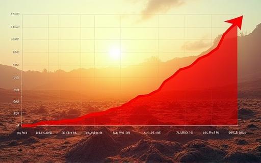 En graf, der viser en langsigtet temperaturstigningstrend over et landskab.