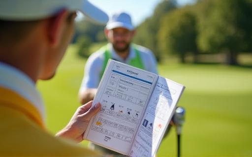 En golfspiller, der kigger i en caddiebog med grafiske vejrsymboler.