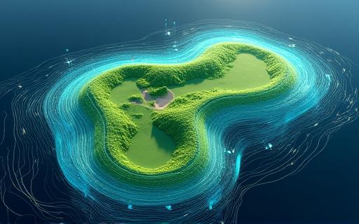 En computergrafik, der viser vindstrømme over en digital model af en golfbane.